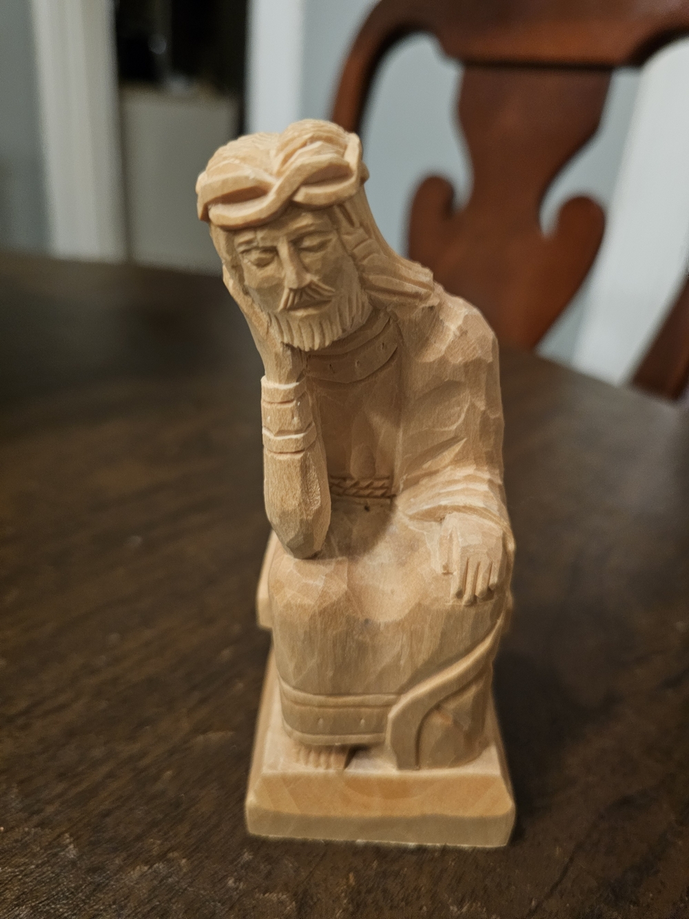 Vintage Hand Carved Wooden Pensive Christ Statue 5.5"